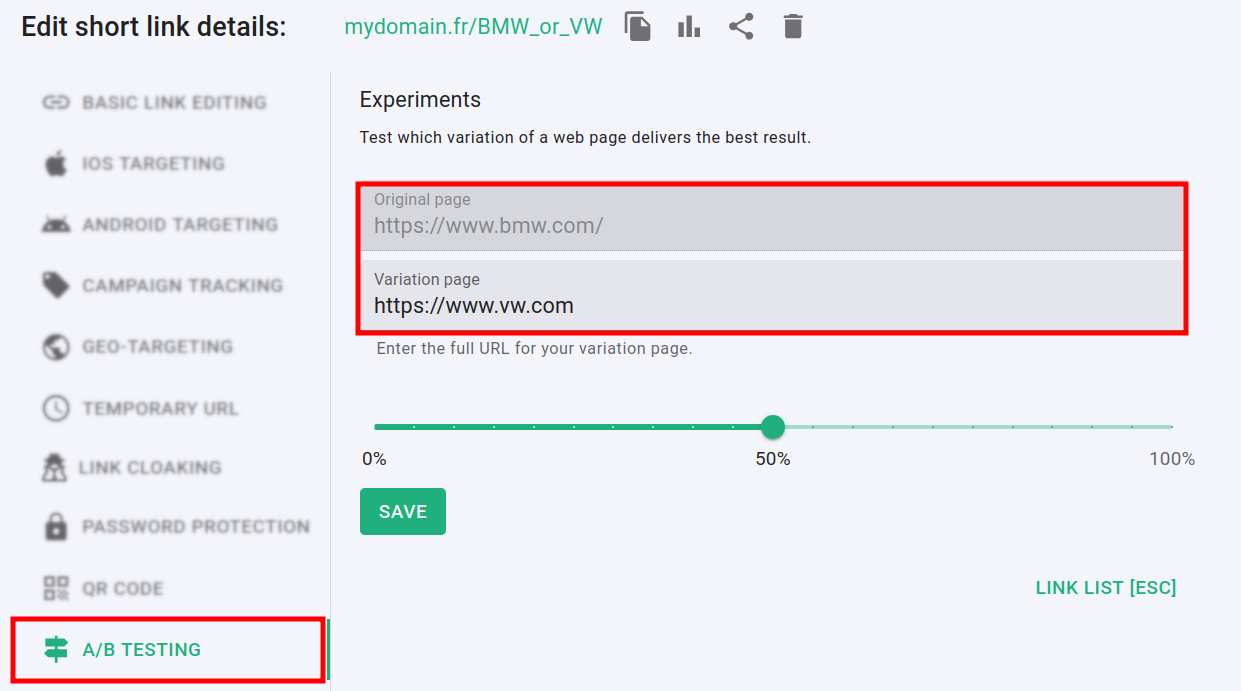 A/B testing panel with original and variation page URLs at 50% split