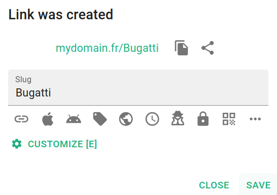 Link created dialog for second short link with slug Bugatti