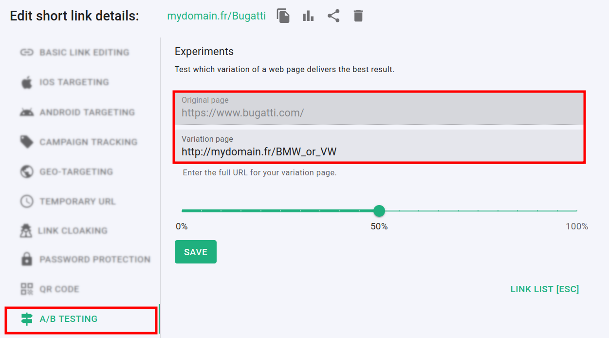 A/B testing panel with first short link URL set as variation page