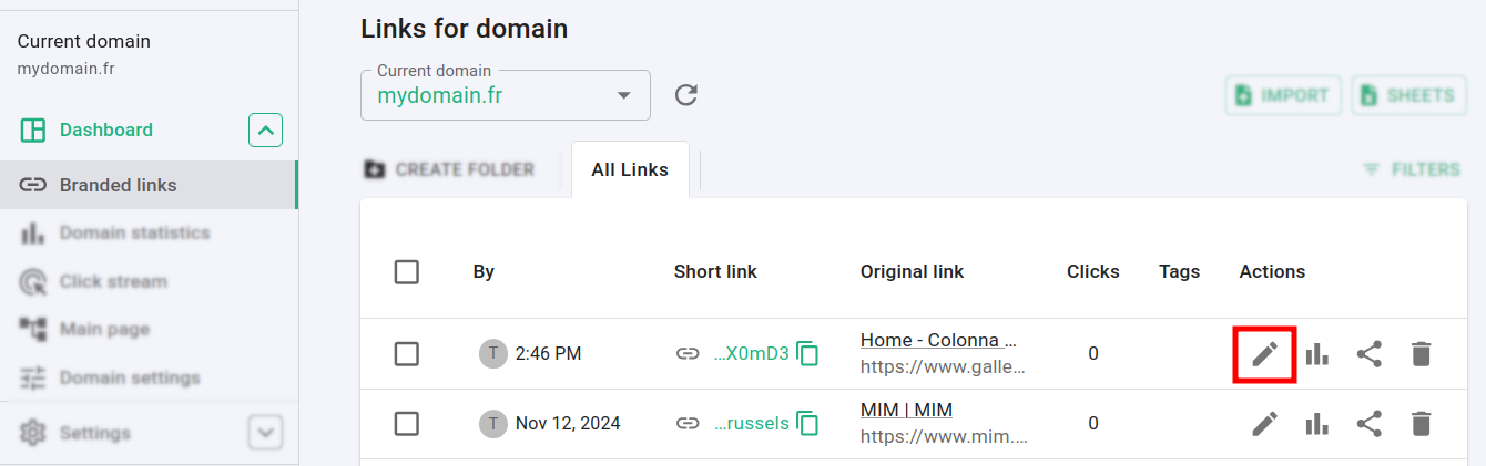 Dashboard branded links list with edit pencil icon highlighted