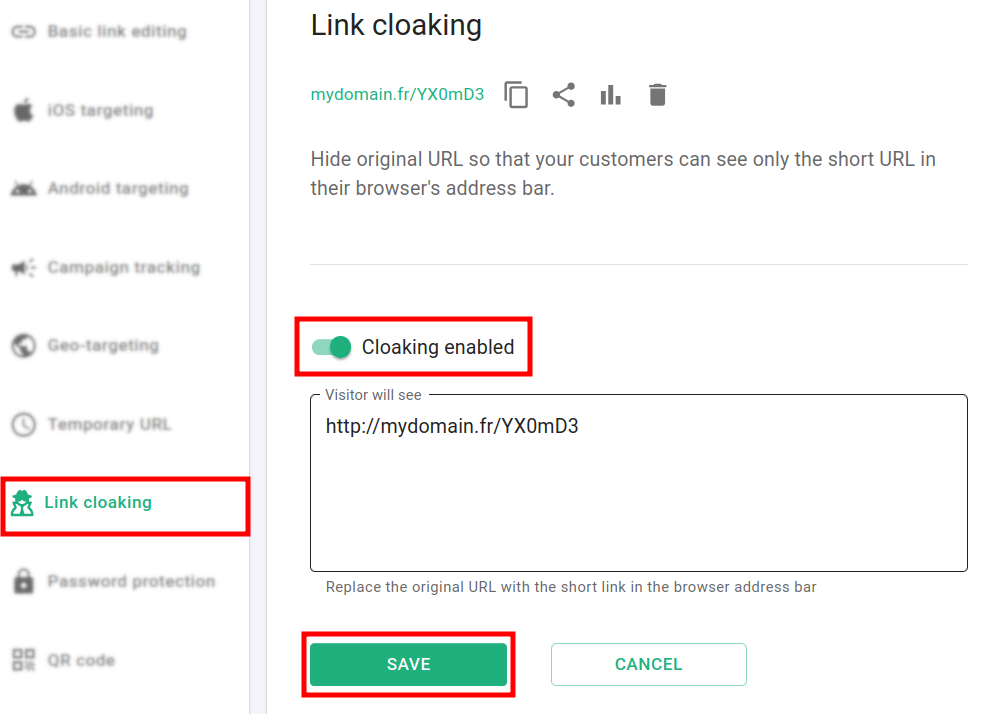 Link cloaking settings with cloaking enabled toggle and Save button
