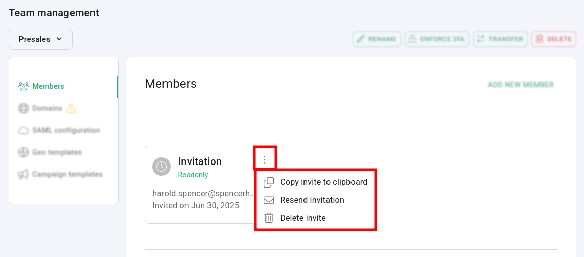 Team members panel showing pending invitation with copy, resend, and delete options