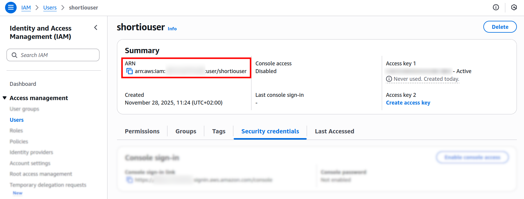 AWS IAM user summary page with ARN highlighted