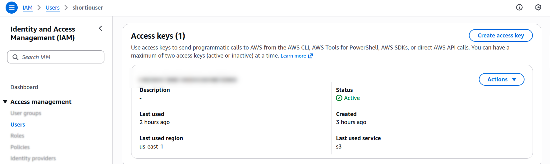 AWS IAM Access keys panel showing active key with status and details