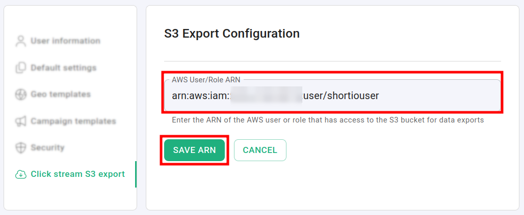 S3 Export Configuration with AWS User/Role ARN field filled and Save ARN button
