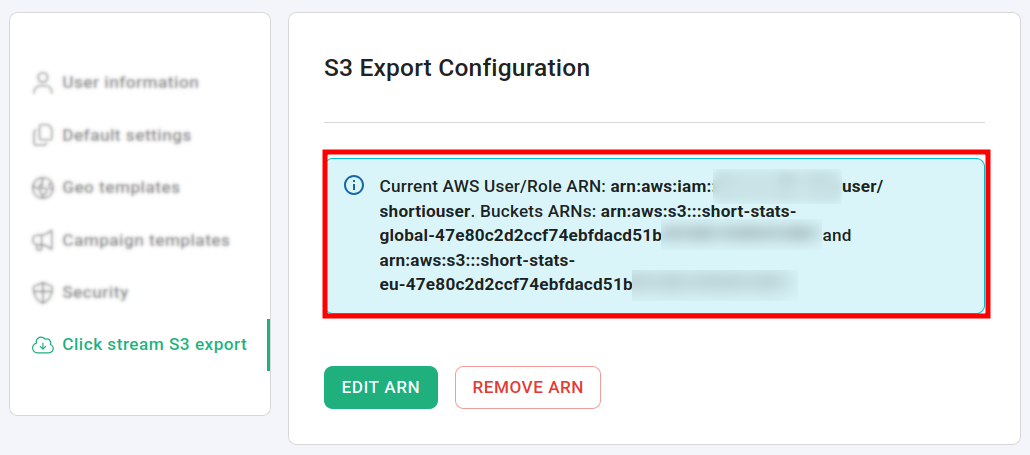 S3 Export Configuration showing generated bucket ARNs for global and EU