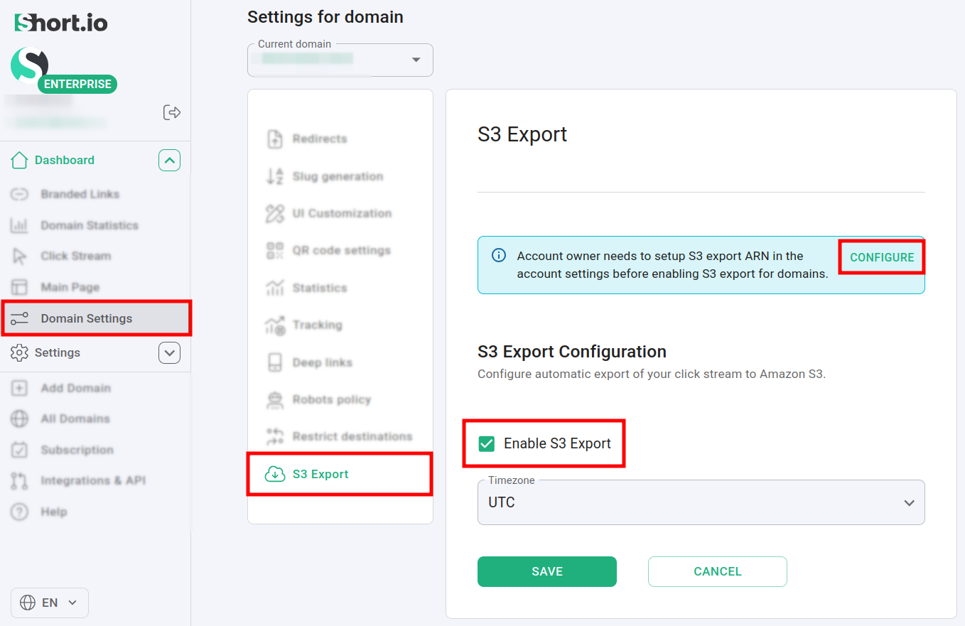 Domain Settings with S3 Export section, Enable S3 Export checkbox, and Configure button