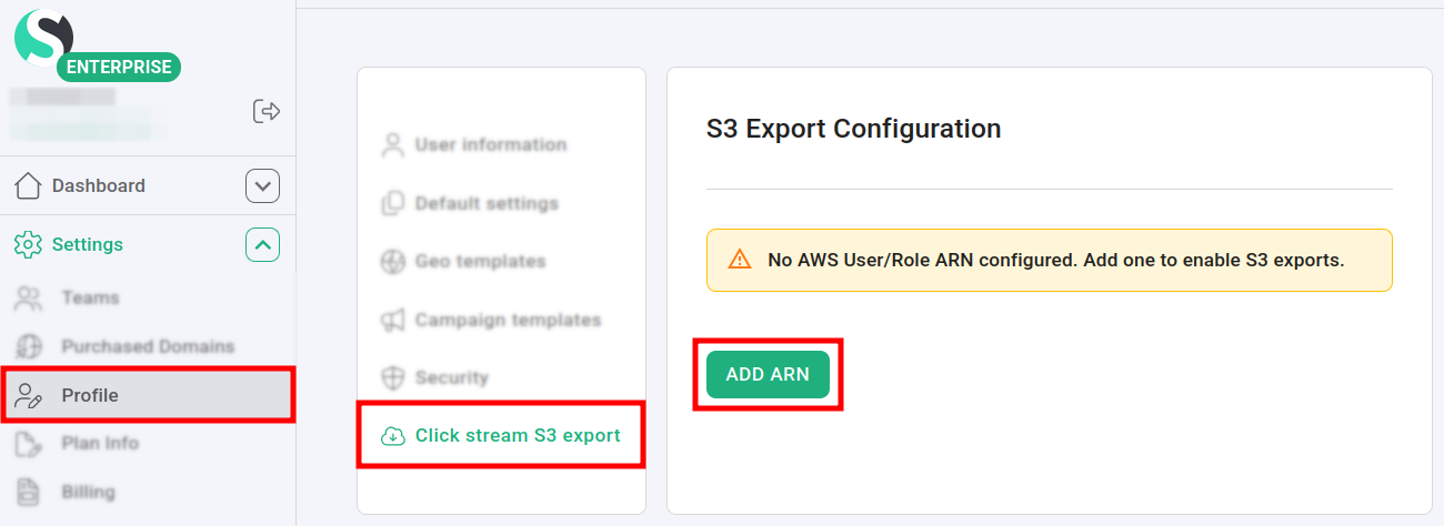 Profile settings with Click stream S3 export menu and Add ARN button