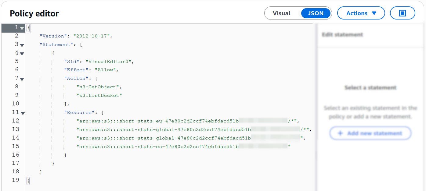AWS Policy editor JSON with S3 GetObject and ListBucket actions and resource ARNs