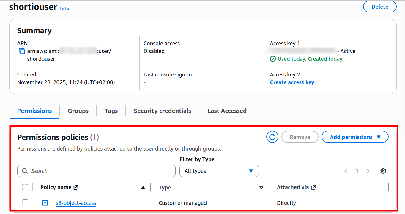 AWS IAM user Permissions tab with S3 access policy attached