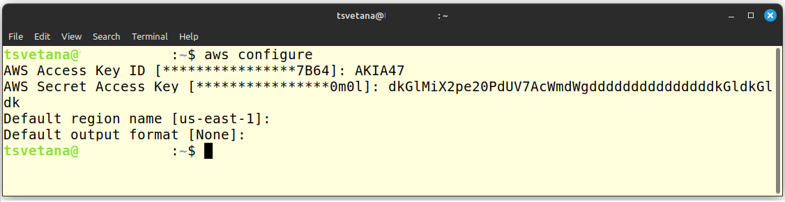 Terminal showing aws configure command with access key prompts