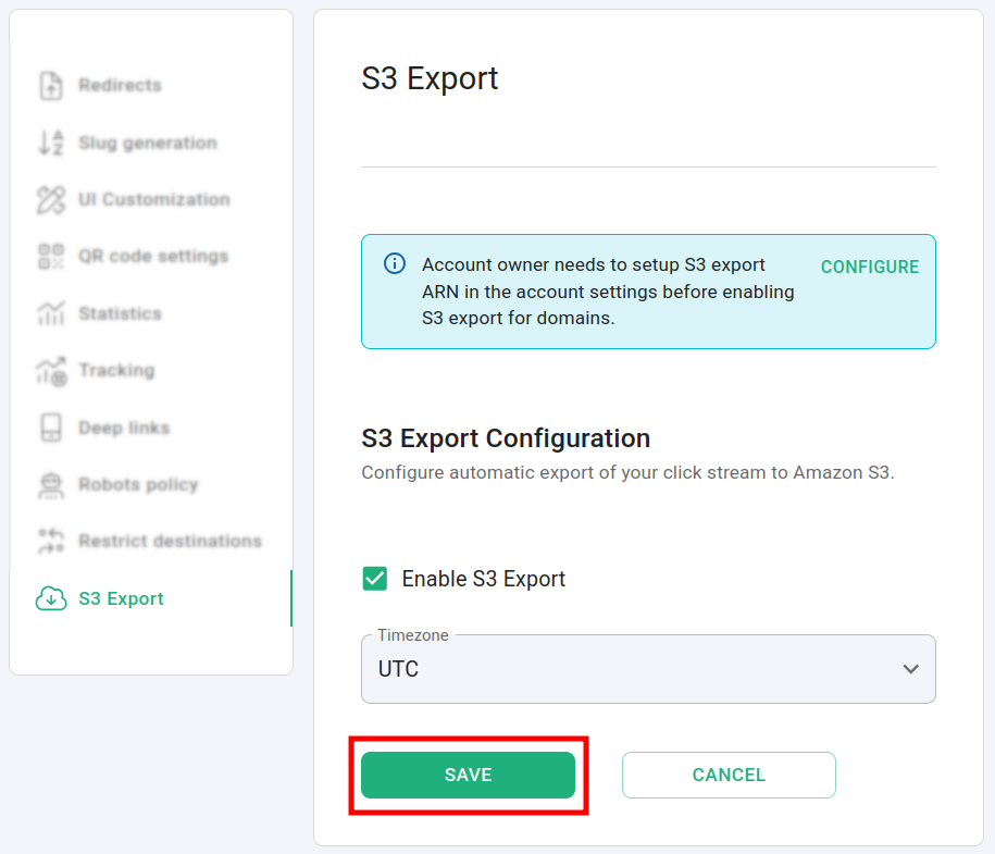 S3 Export domain settings with Enable S3 Export checked and Save button highlighted