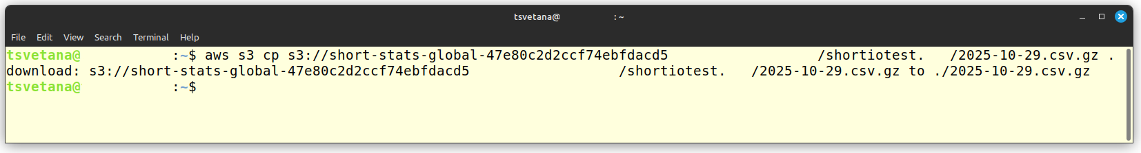 Terminal showing aws s3 cp command downloading a click stream archive