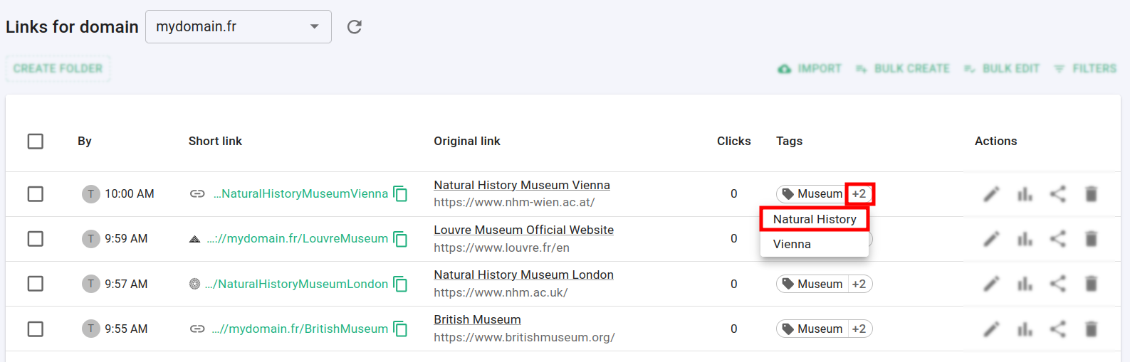 Branded links list with tag count expanded showing individual tag names