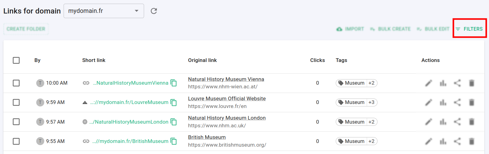 Branded links toolbar with Filters button highlighted
