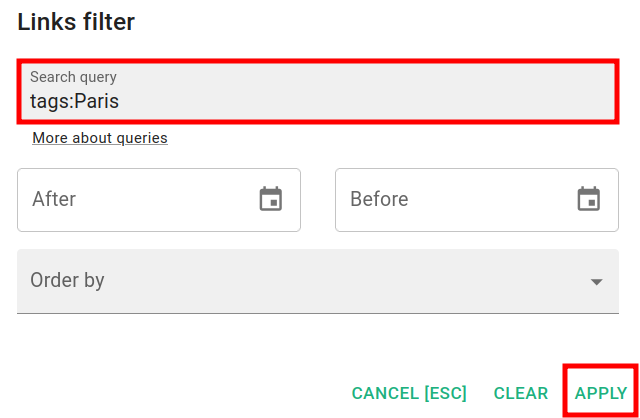 Links filter dialog with tags search query and Apply button