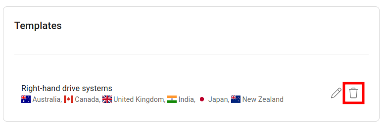 Geo template list with delete trash icon highlighted