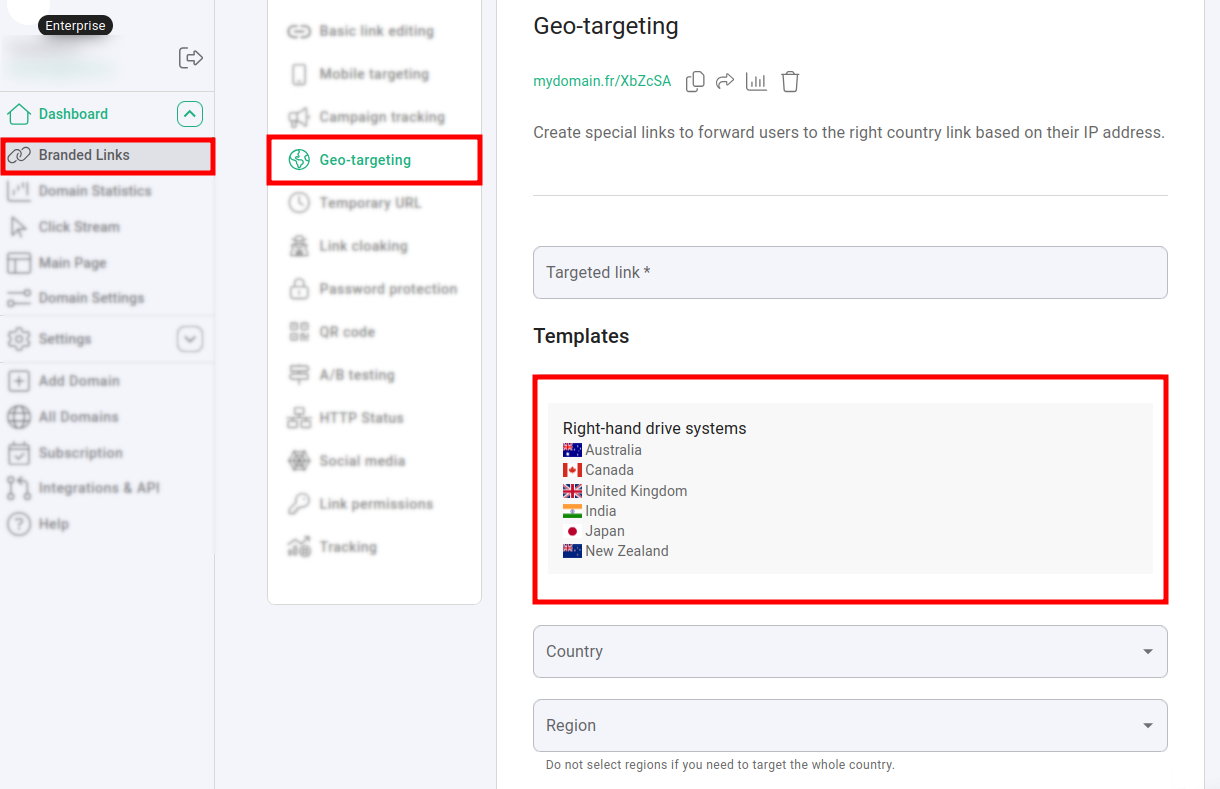 Geo-targeting section showing available geo template in the Templates list