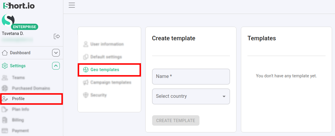 Settings Profile page with Geo templates section highlighted