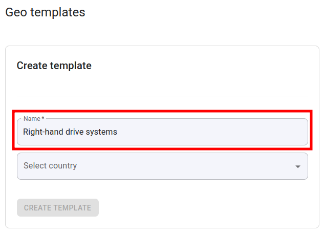 Geo template creation form with template name field filled