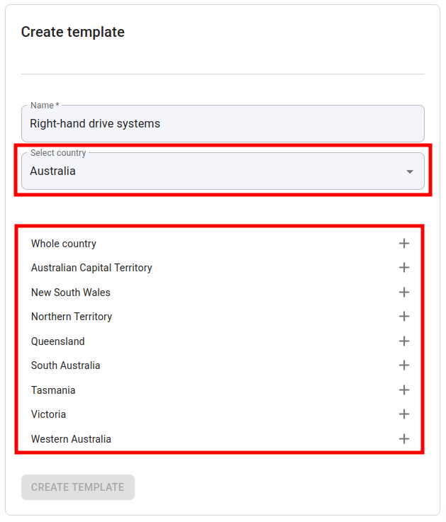 Country selection showing Australia with whole country and individual regions