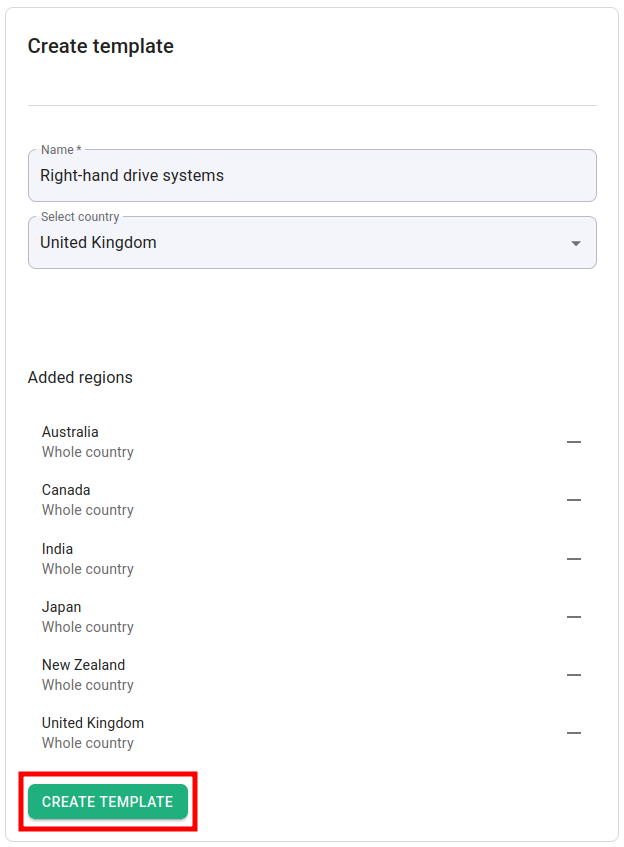 Geo template with added countries and Create Template button highlighted