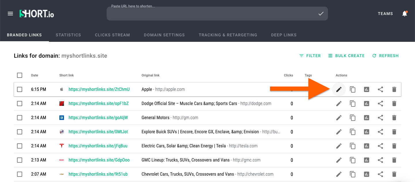 Branded links list with edit pencil icon highlighted