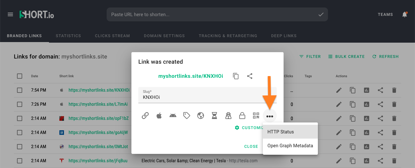 Link created dialog with dots menu showing HTTP Status option