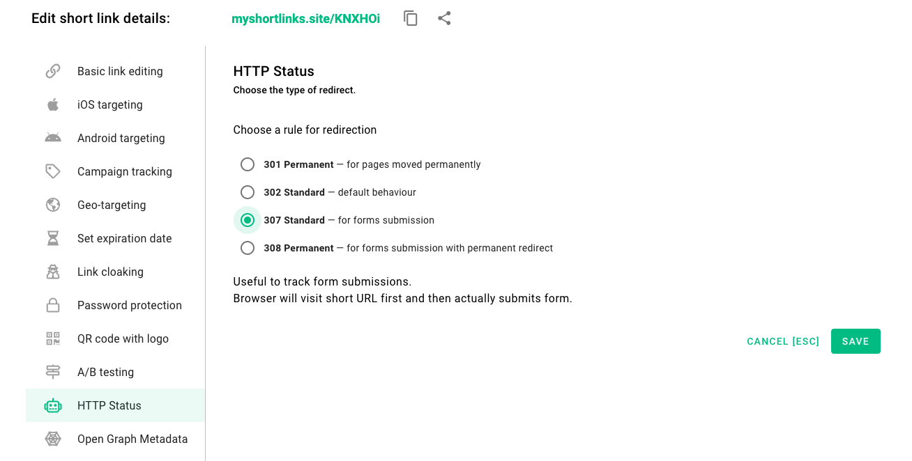 HTTP Status panel with redirect rules 301, 302, 307, and 308