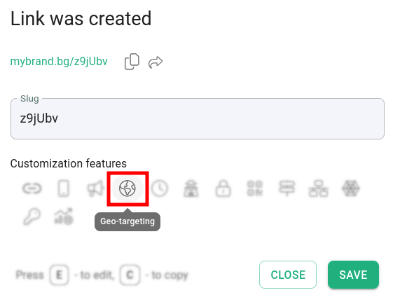 Link created dialog with Geo-targeting icon highlighted