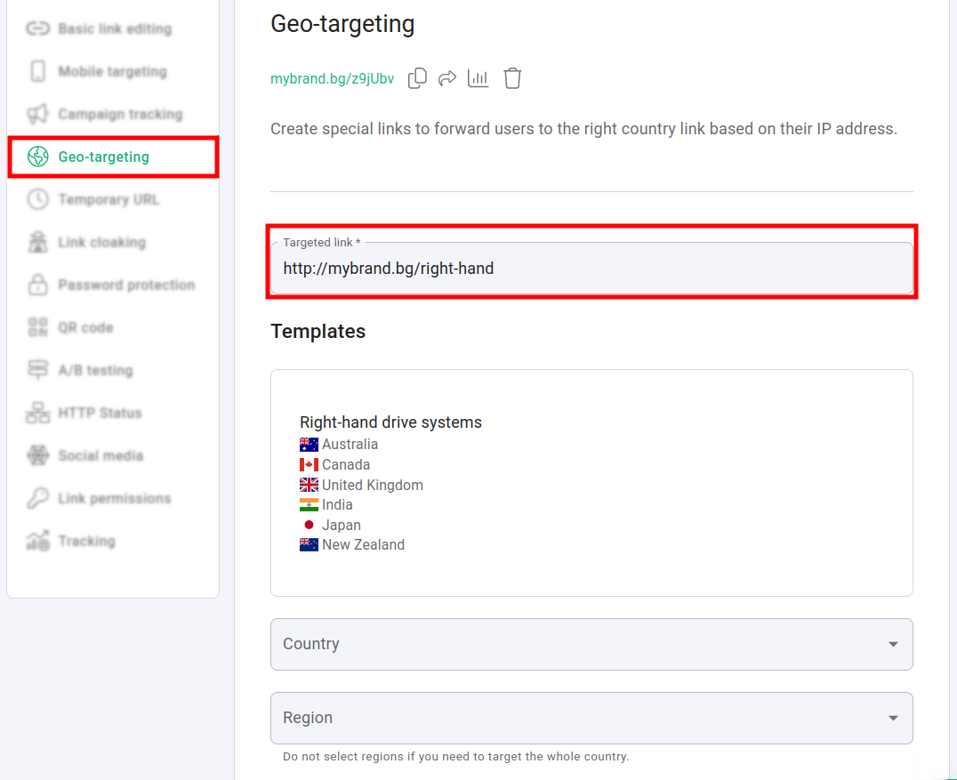 Geo-targeting panel with targeted link field and geo template displayed