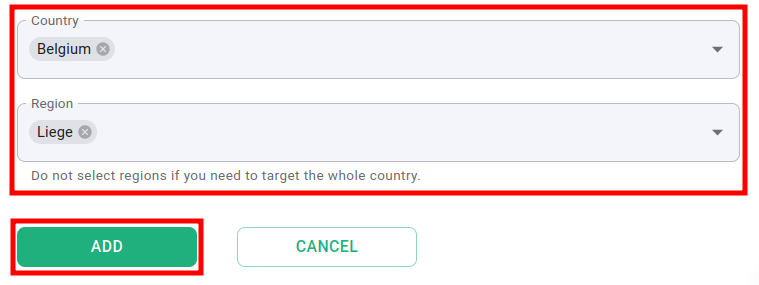 Country and region selection dropdowns with Belgium and Liege selected
