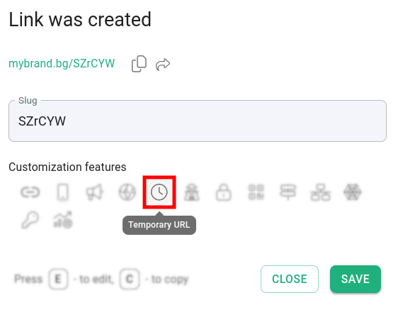Link created dialog with Temporary URL icon highlighted