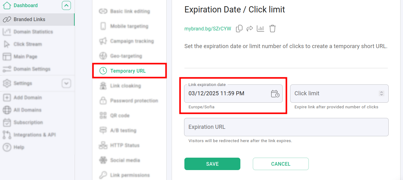 Expiration date and click limit panel with date field highlighted