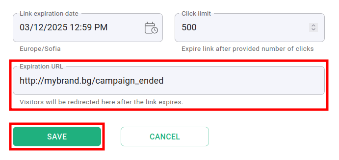 Expiration URL field with redirect URL filled and Save button highlighted