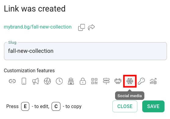 Link creation dialog with Social media icon highlighted in customization features