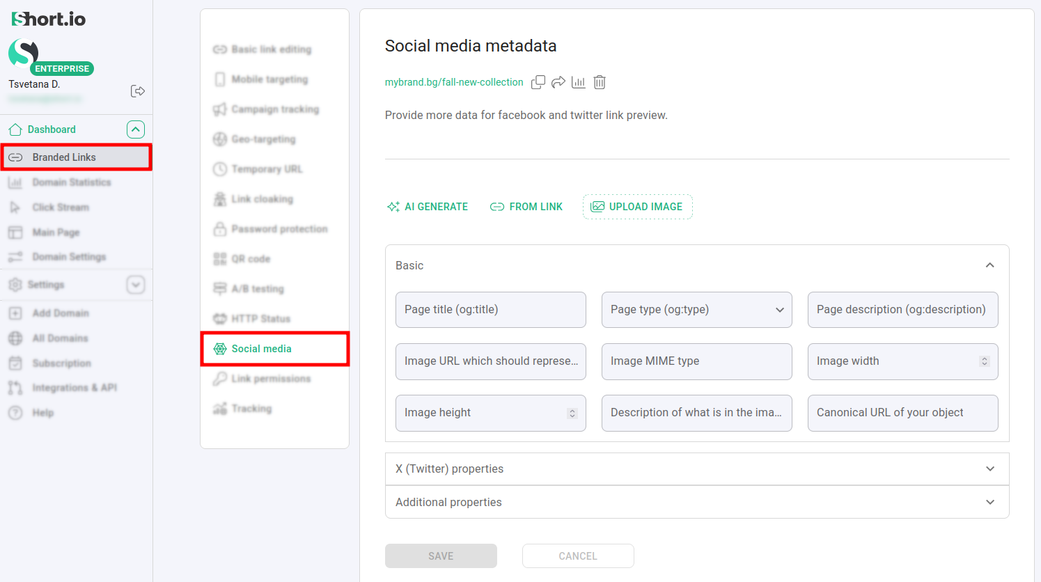 Link editing page with Social media section selected showing Open Graph metadata fields