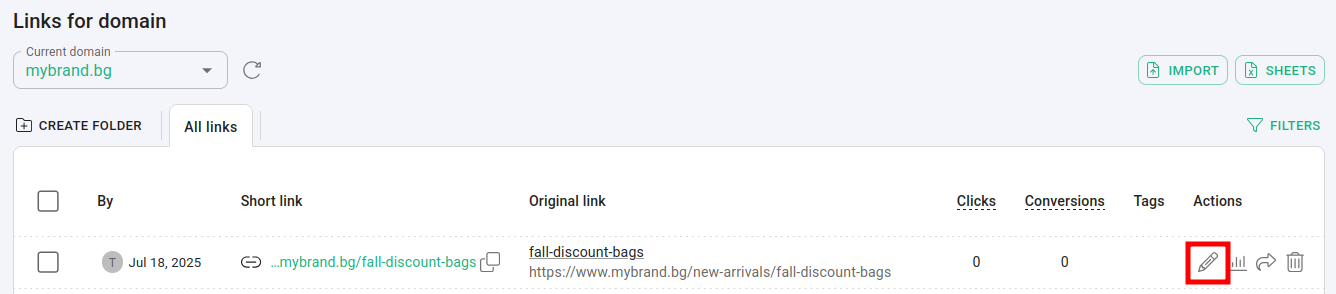 Branded links list with the edit button highlighted on a short link row
