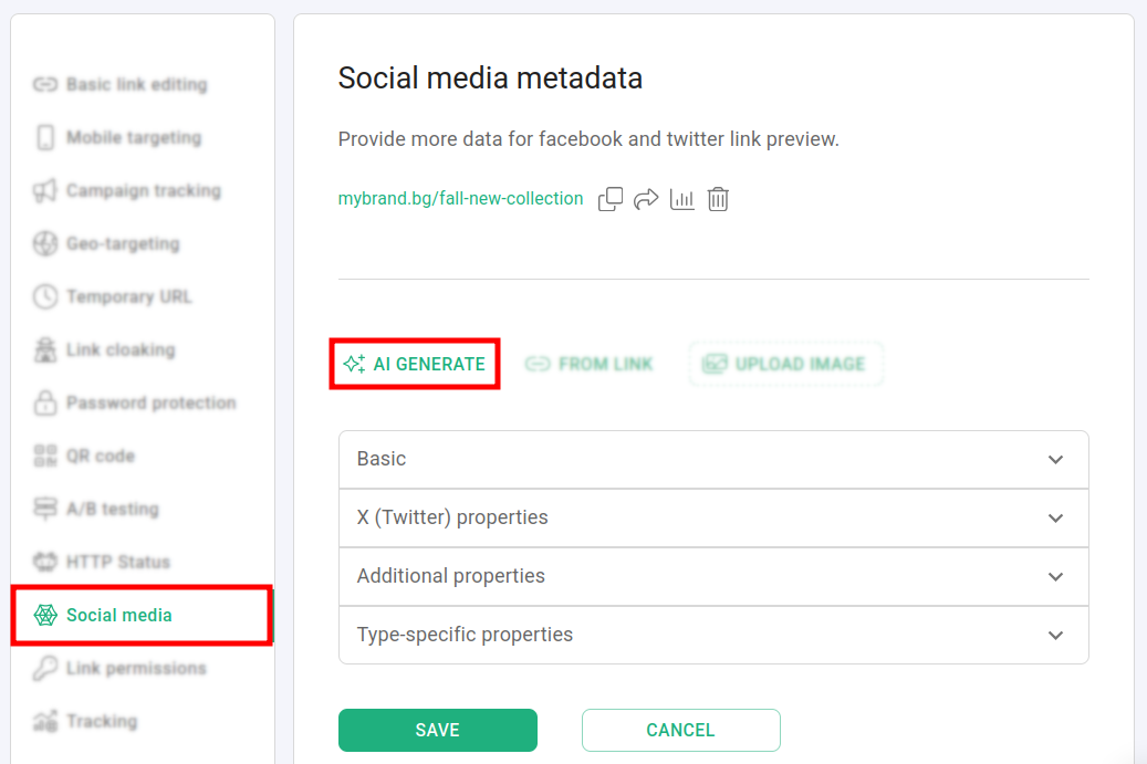 Social media metadata panel with AI Generate button highlighted