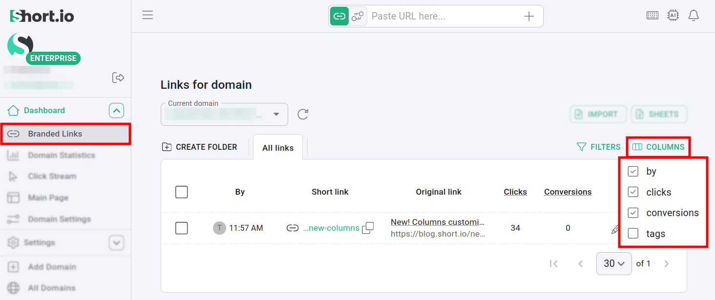 Dashboard showing Columns dropdown with checkboxes to toggle visible link columns