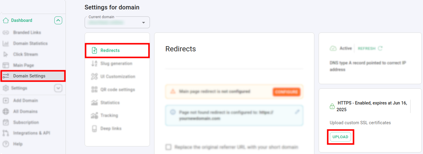Domain Settings Redirects page with HTTPS status and Upload button for custom SSL certificates