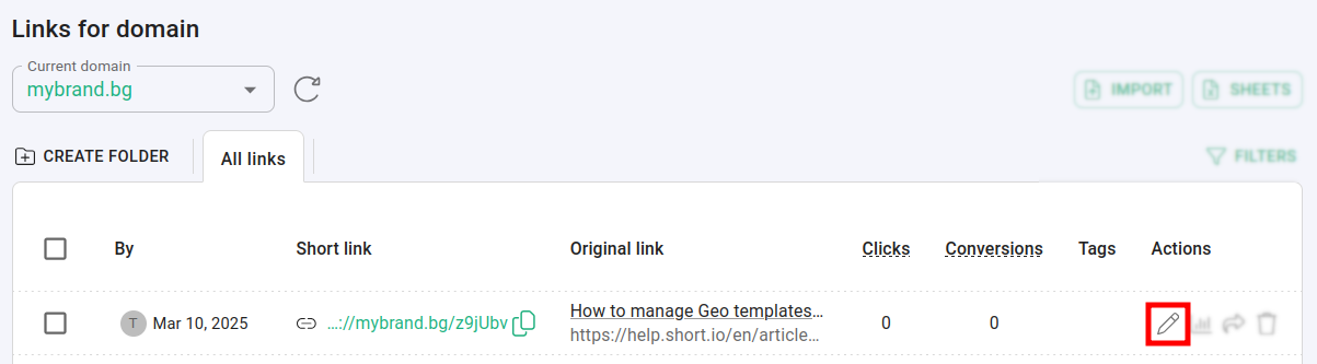 Branded links list with the edit button highlighted on a short link row