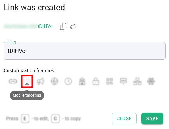 Link creation dialog with Mobile targeting icon highlighted in customization features