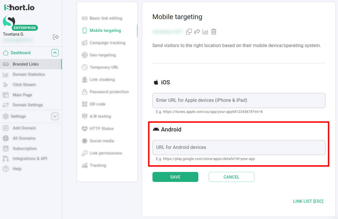 Mobile targeting panel with iOS and Android URL input fields