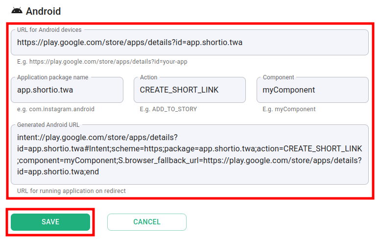 Android targeting fields with app URL, package name, action, component, and generated deep link