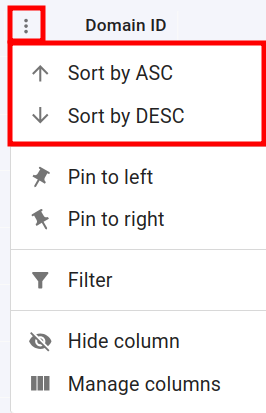 Column context menu showing sort, pin, filter, hide, and manage options