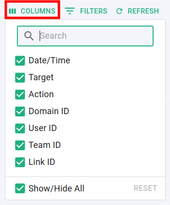 Columns dropdown menu with checkboxes to toggle visibility of audit table columns
