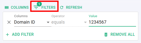 Filters panel with Domain ID filter set to equals operator and a specific value
