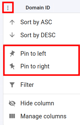Column context menu with Pin to left and Pin to right options highlighted