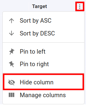 Column context menu with Hide column option highlighted